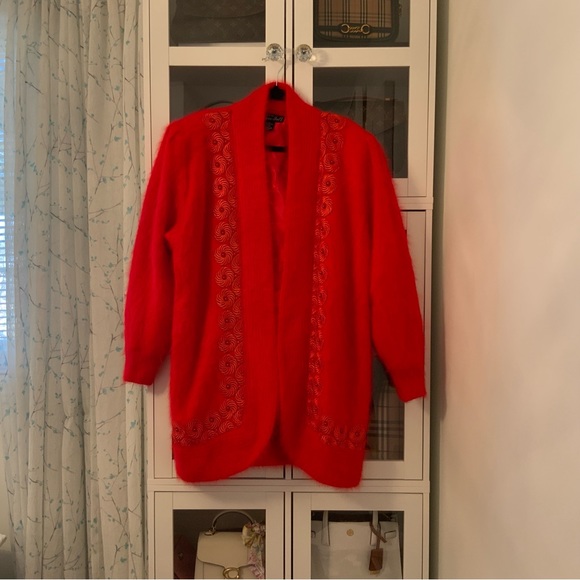 Unique Intl’ Vintage Red Angora Wool Beaded Open Front Cardigan Sweater Jacket - Picture 2 of 10